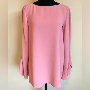 Lafayette 148 Women’s Sz M Emory Ruffle Long Sleeve Blouse Rosette Pink Top